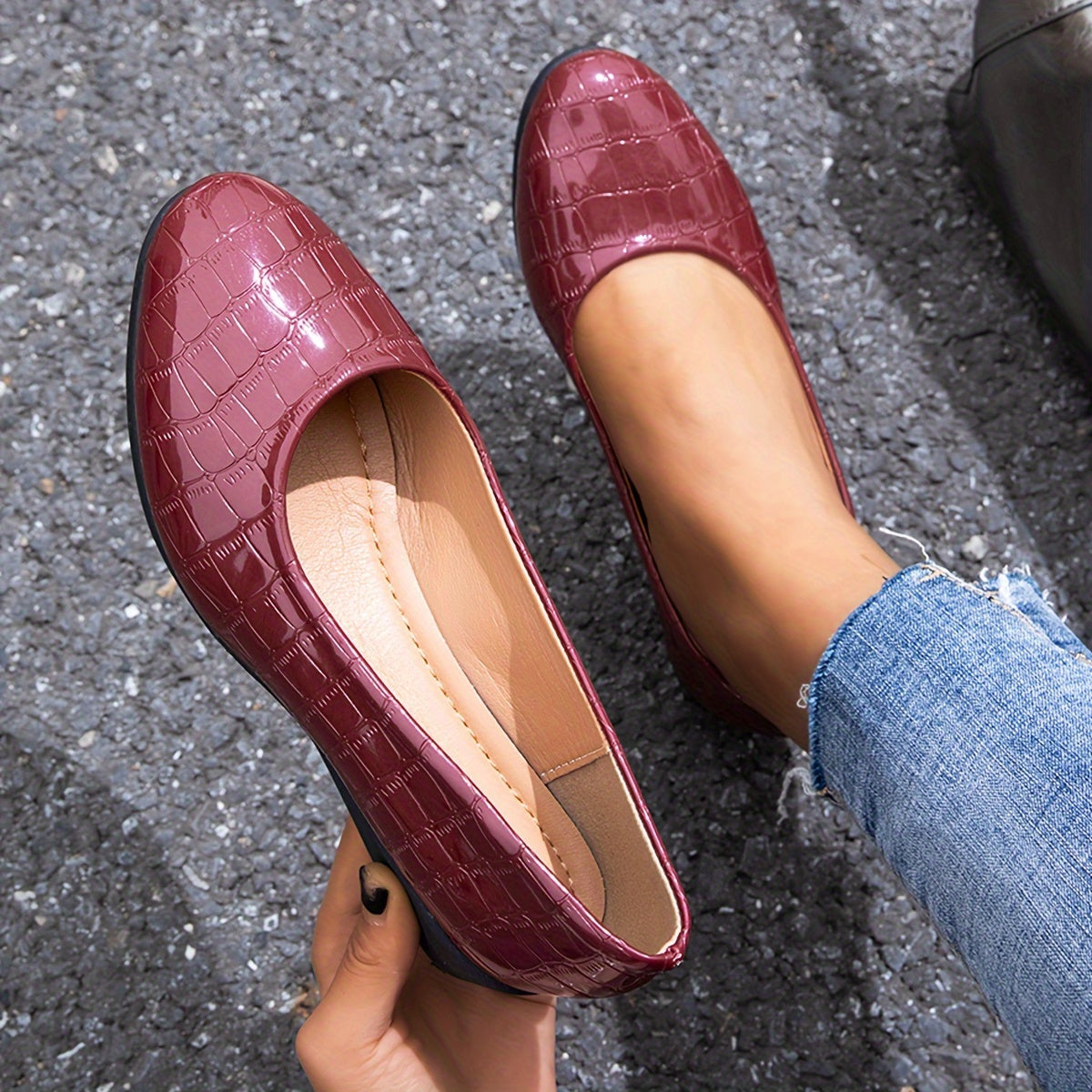 Women's Red Snake Print Mary Jane Flats Slip-On Casual Shoes