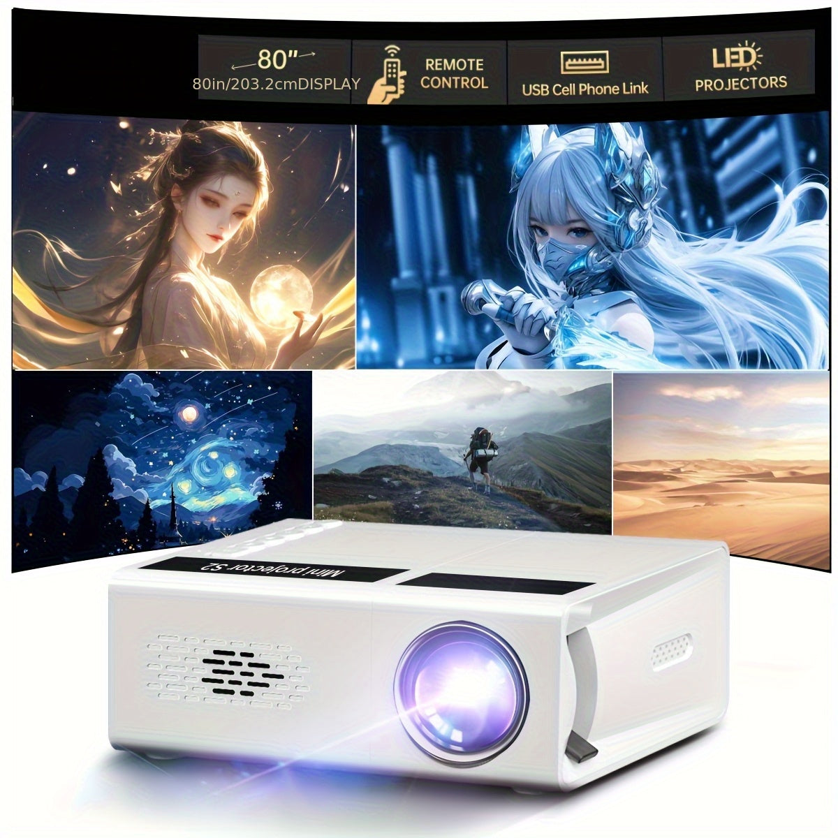 Mini White Portable Projector 1080P Full HD Support for Movies and Gaming