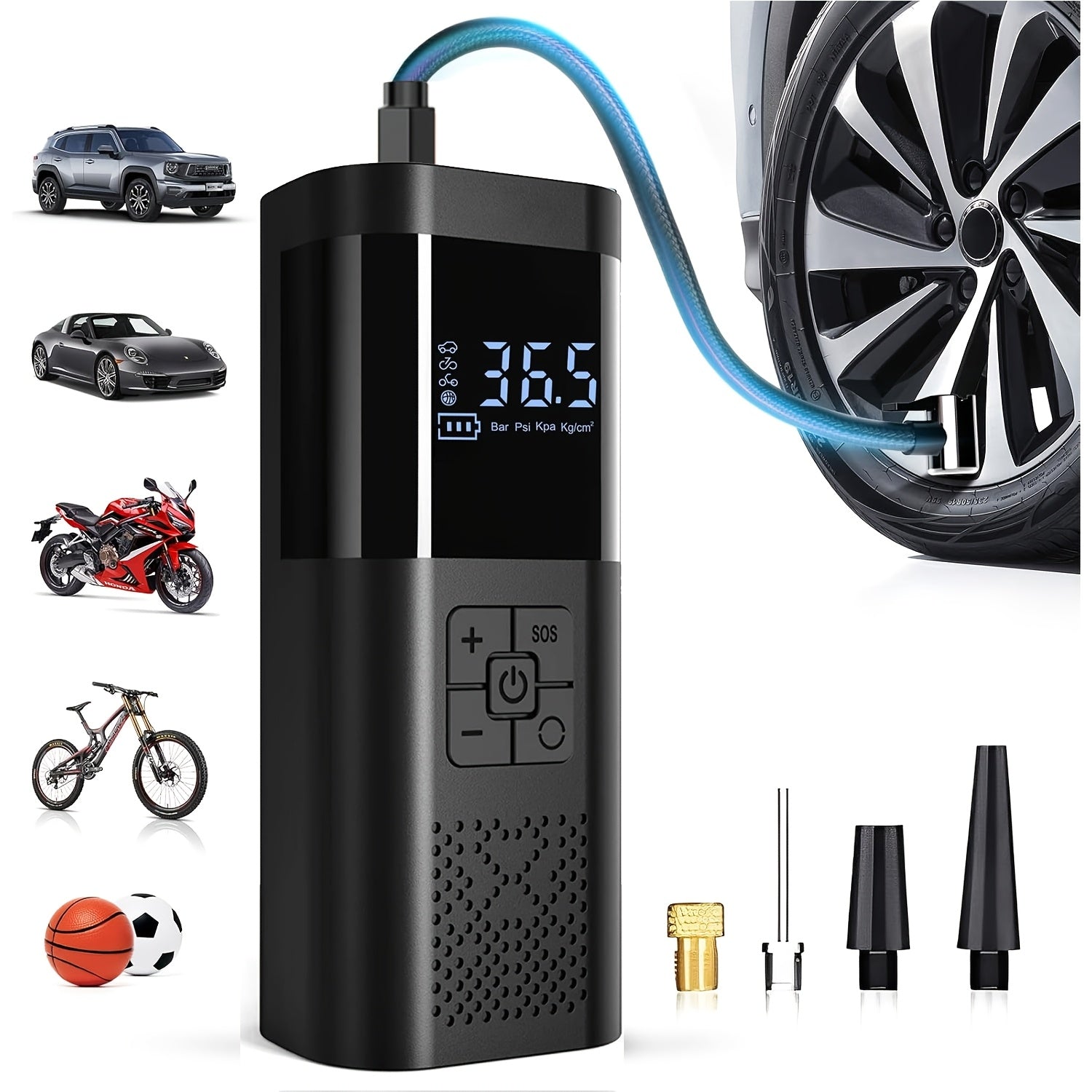 Portable Tire Inflator with Pressure Gauge LED Light and Fast Cordless Operation