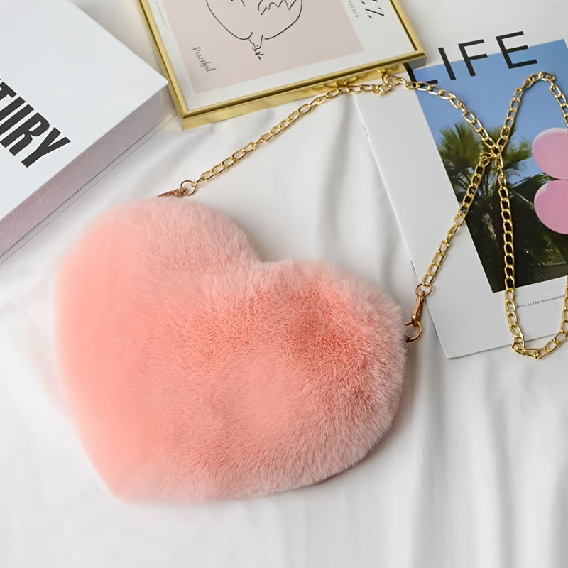 Heart-Shaped Fluffy Faux Fur Shoulder Bag Zipper Closure for Valentine's Day and Casual Use