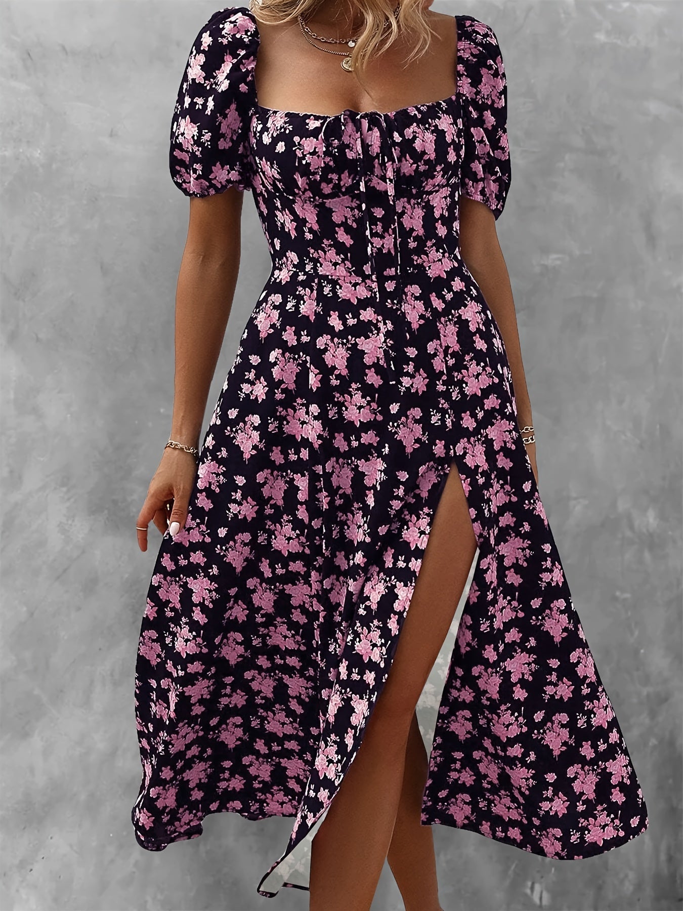 Women's Floral Print High Slit Dress with Puff Sleeves and Off-Shoulder Neck