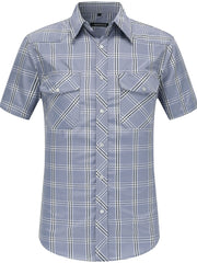 Camisa de verano casual de cuadros para hombre, manga corta, ajuste ajustado, poliéster y algodón, ligera