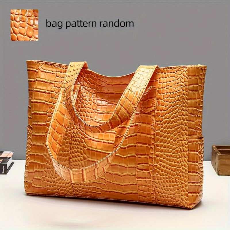 Blue Crocodile-Embossed PU Tote Bag with Zipper Closure for Women