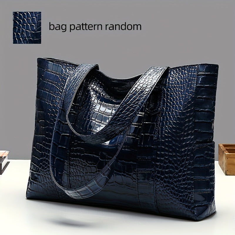 Blue Crocodile-Embossed PU Tote Bag with Zipper Closure for Women
