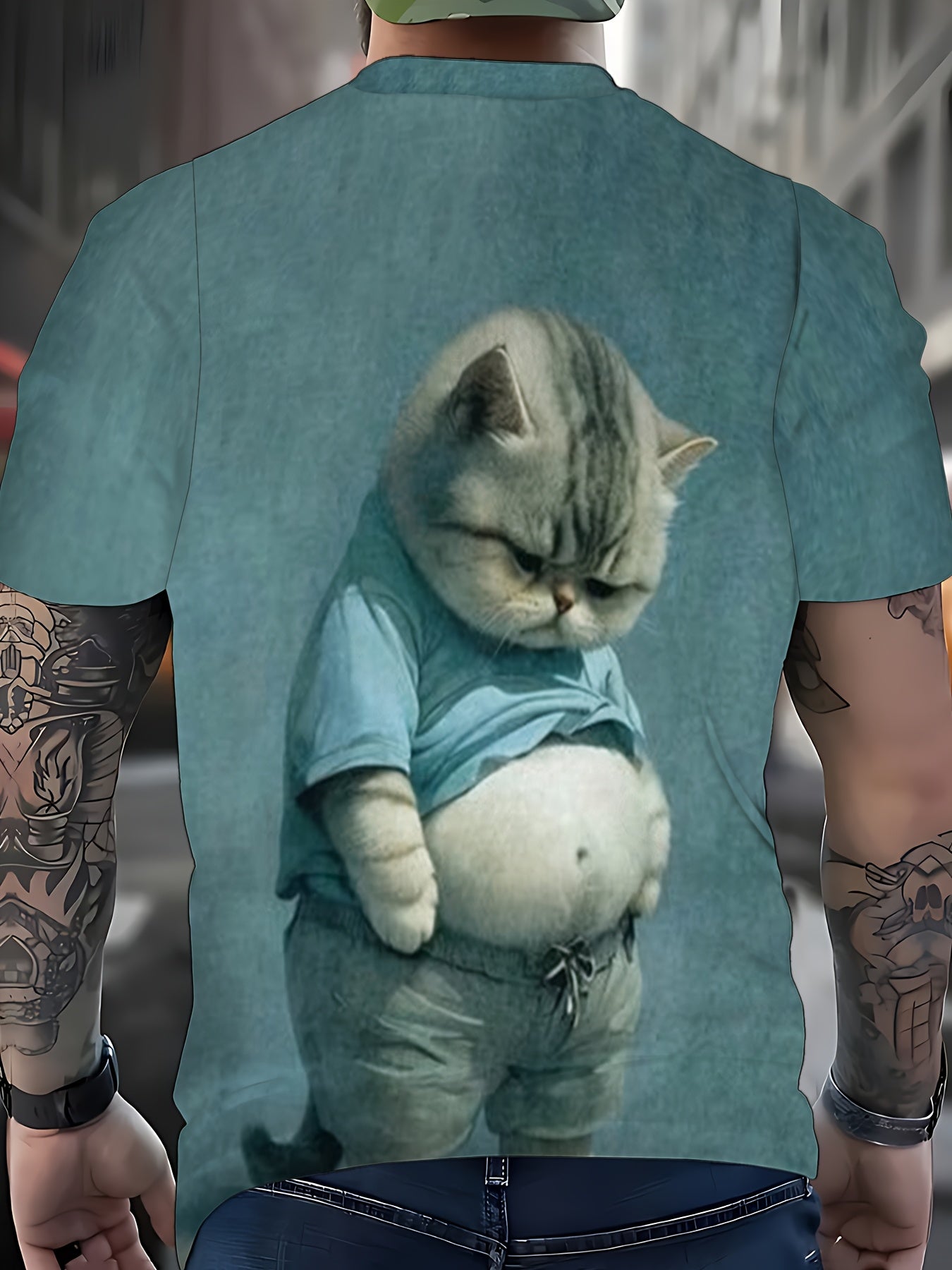 Camiseta de manga corta con cuello redondo y estampado de gato 3D para hombre