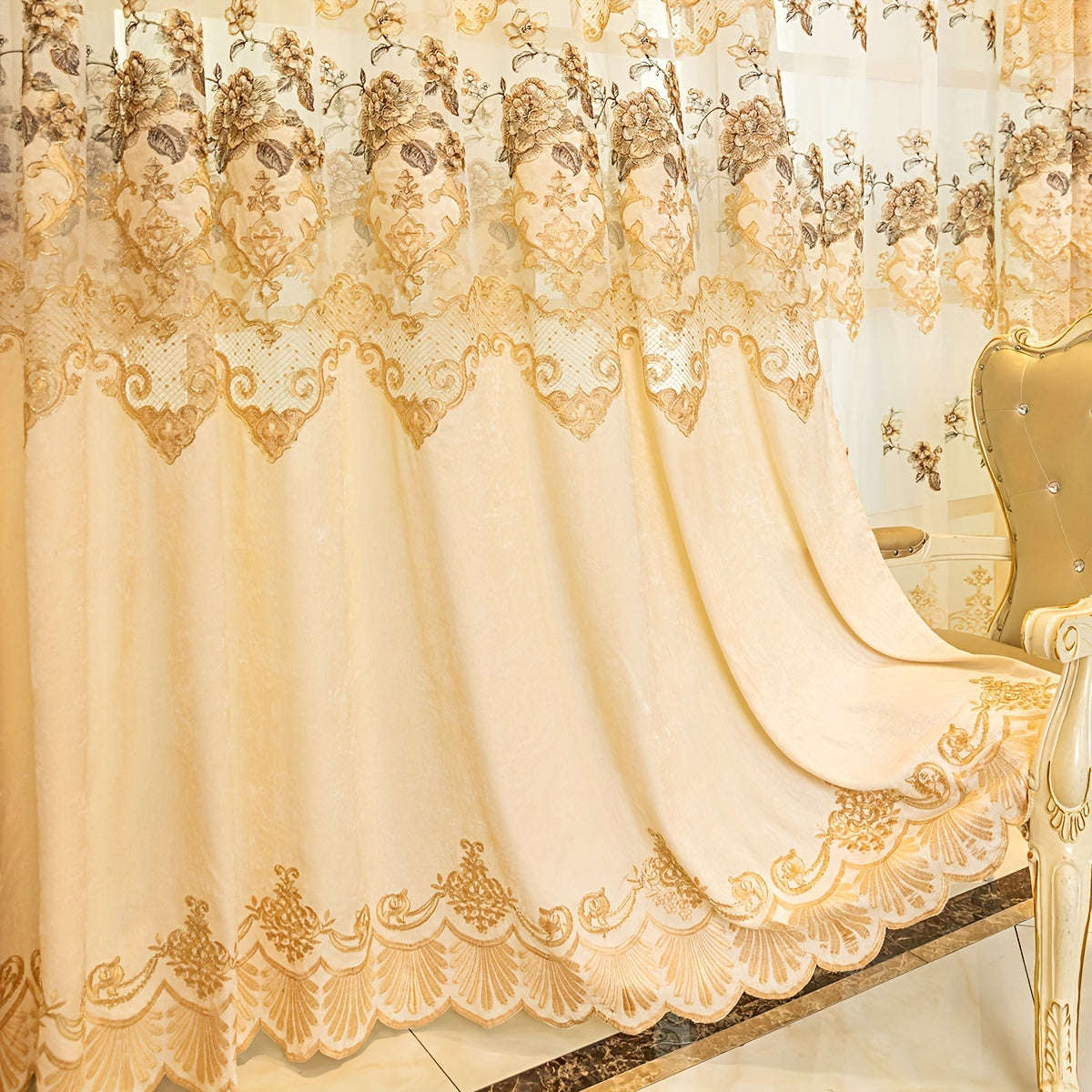 European-Style Thick Embroidered Curtains with Chenille Floral Designs and Translucent Yarn Finish for Living Room and Bedroom