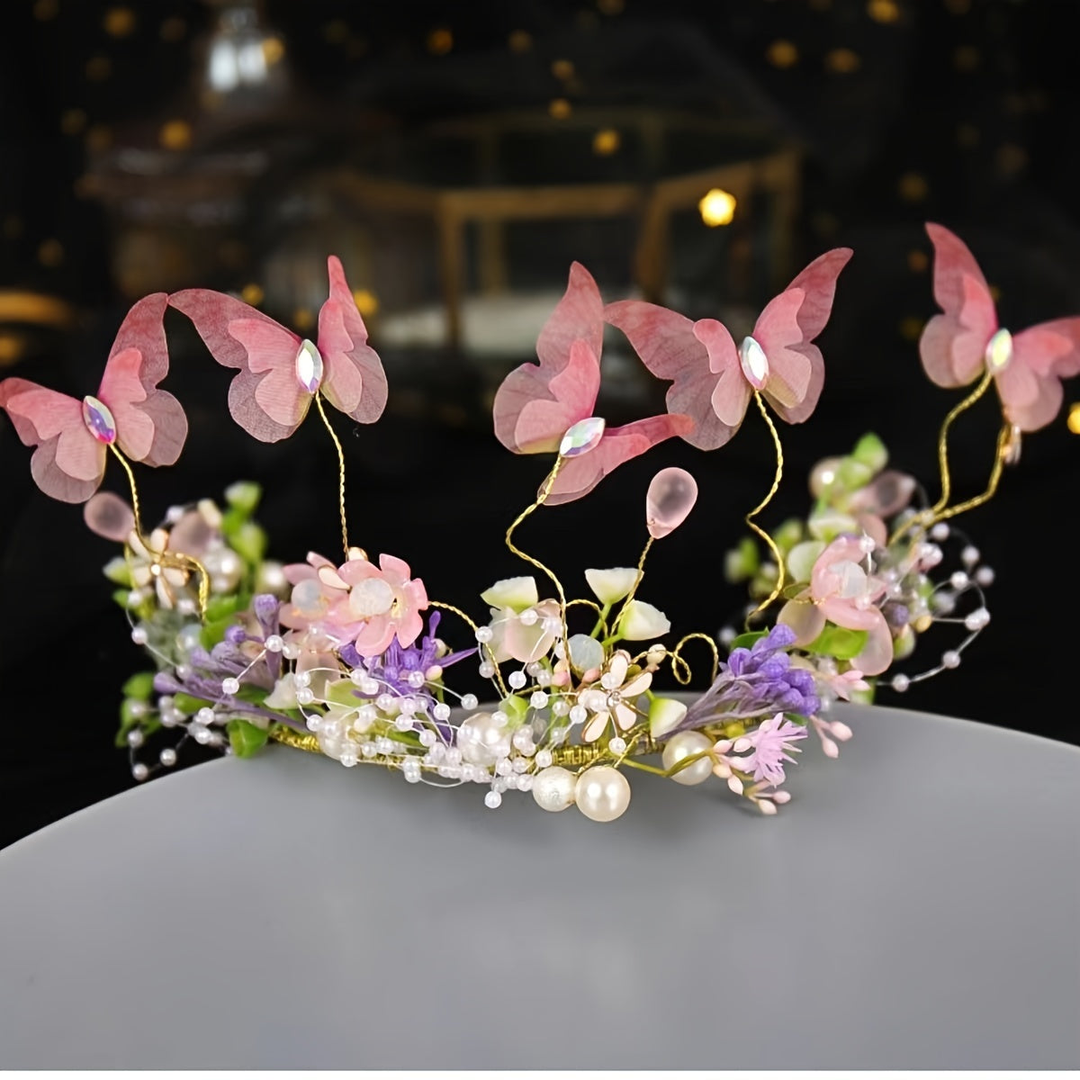 Women's Flower Headband Hair Accessories with Butterfly Decor Faux Pearl Wreath Design
