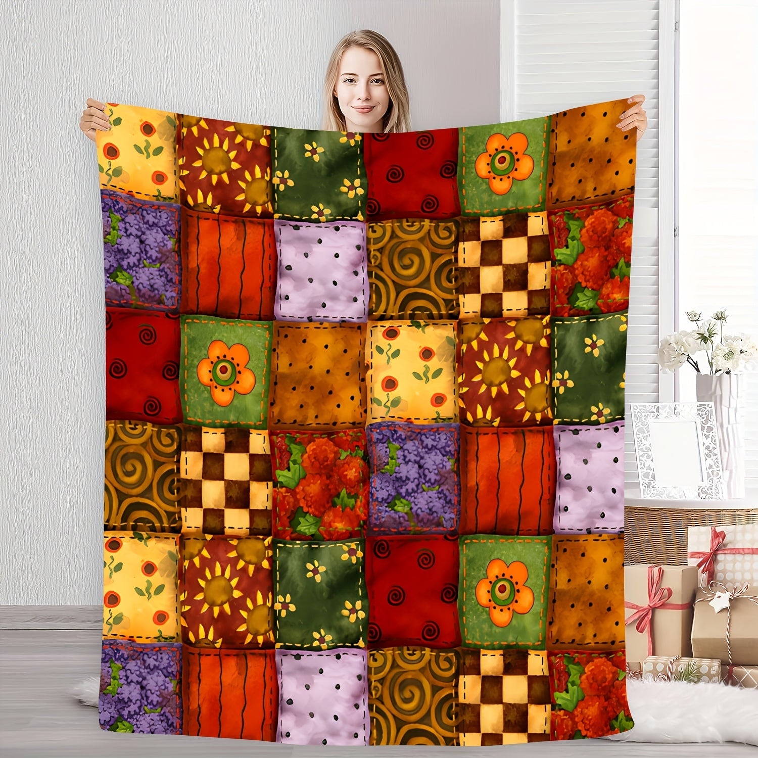 Floral Patchwork Fleece Throw Blanket Soft Stain-Resistant All-Season Decorative