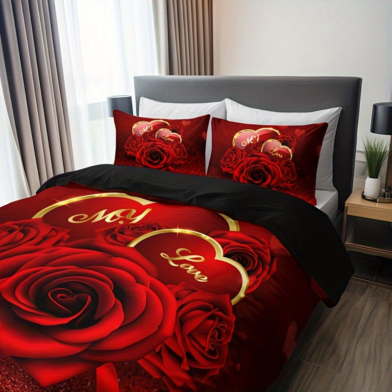 Conjunto de ropa de cama con funda nórdica de flores de rosas rojas románticas de 3 piezas con impresión HD para el Día de San Valentín