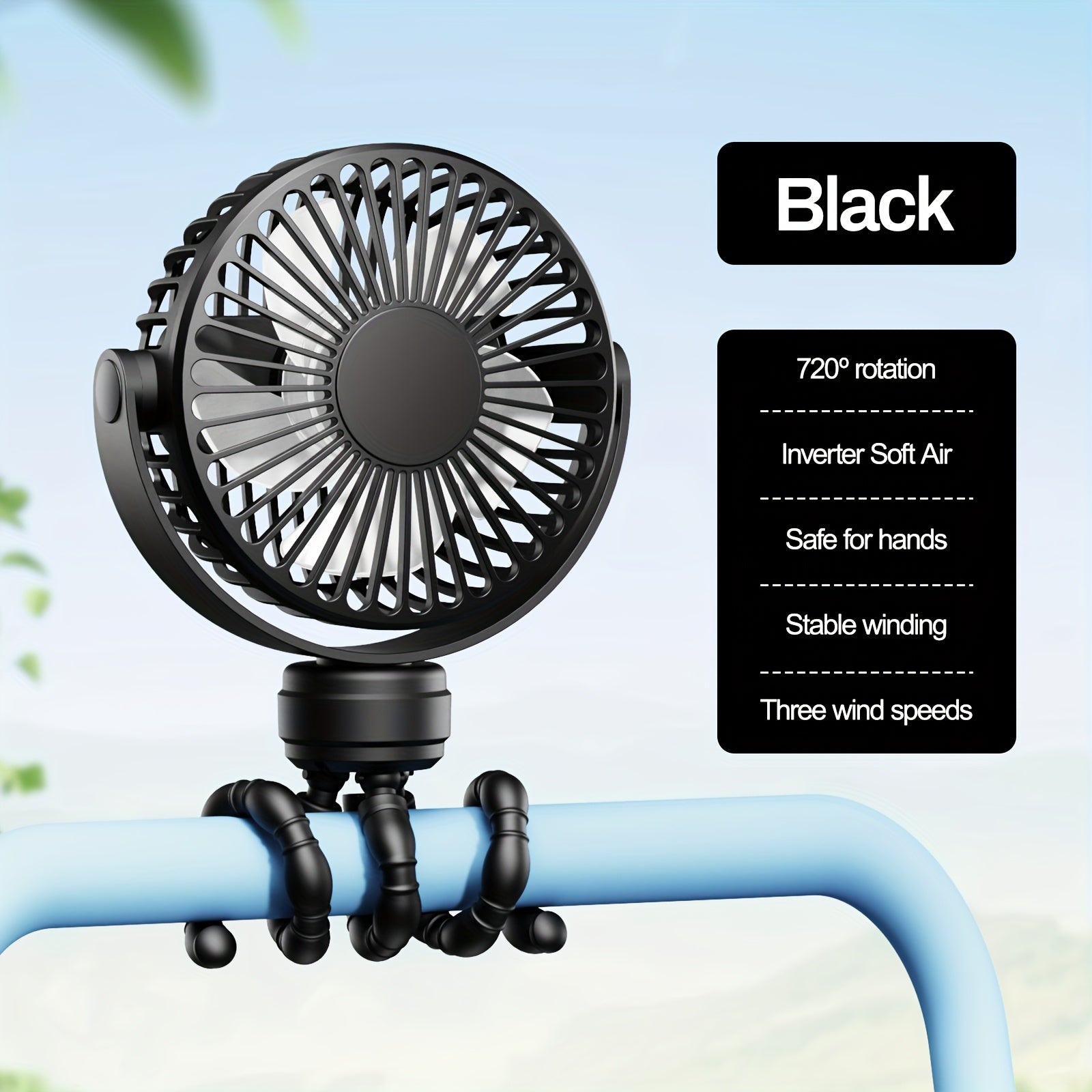 Portable Handheld Fan with Flexible Tripod Rechargeable 2000mAh Battery for Strollers Office Bedside Car Outdoor