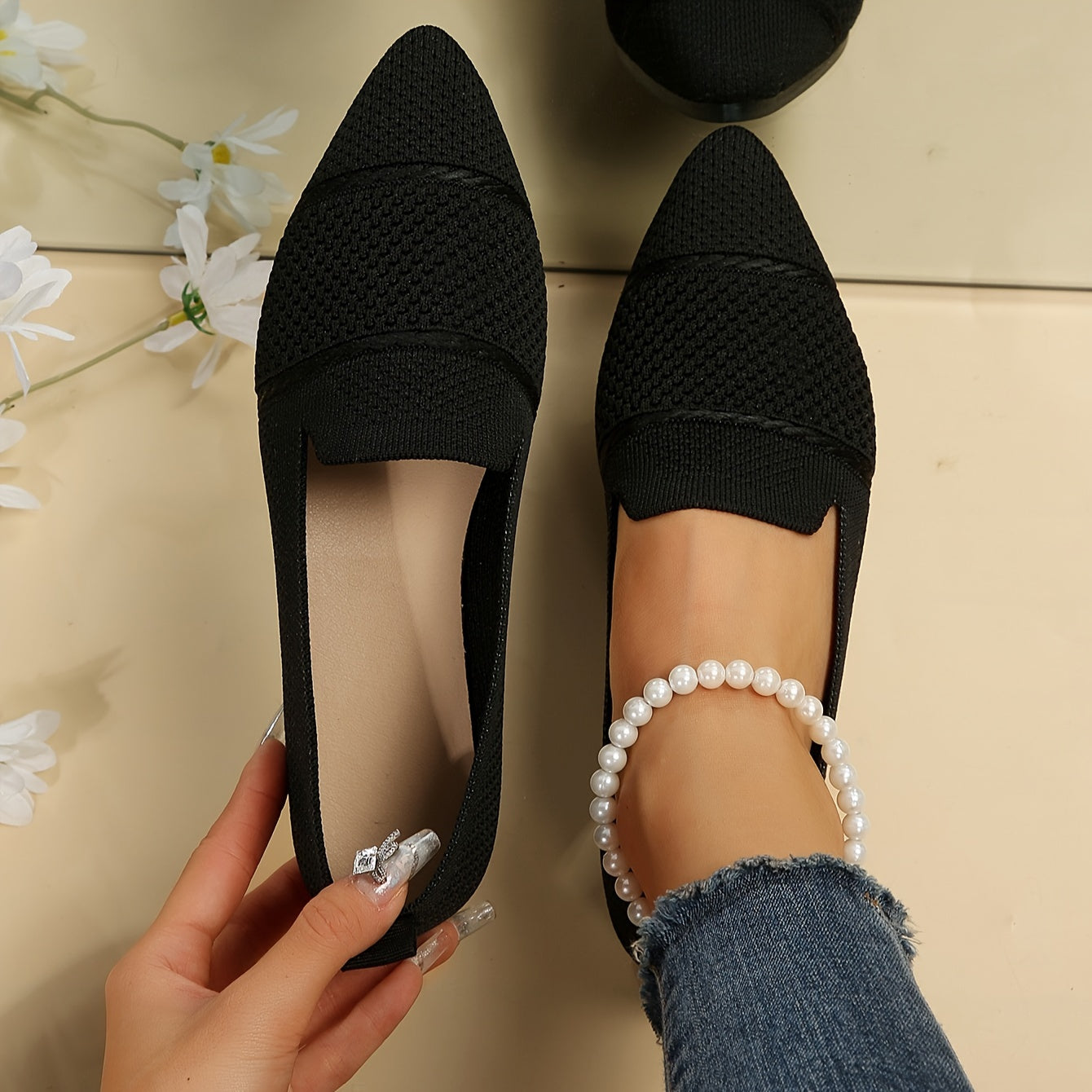 Women's Knit Flat Shoes Breathable Slip-On Comfortable Toe Shoes