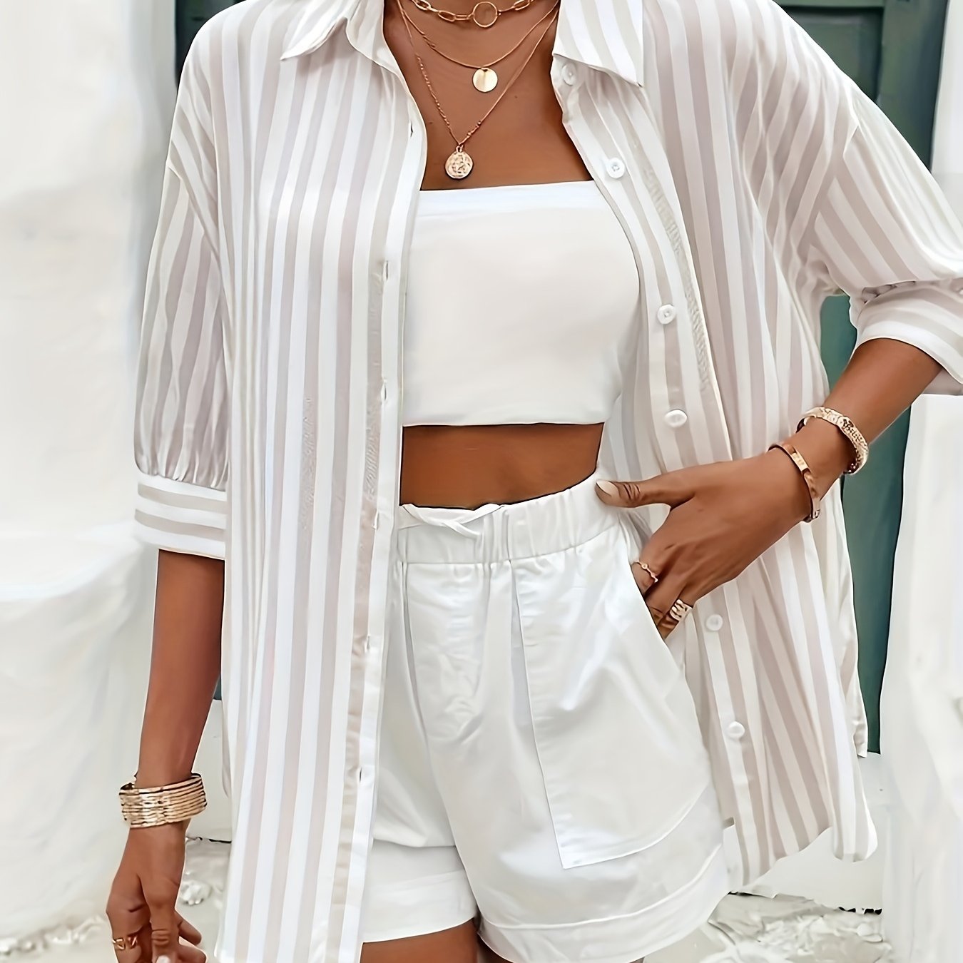 Women's Blue and White Striped Button-Up Shirt Long Sleeve Ruffle Casual