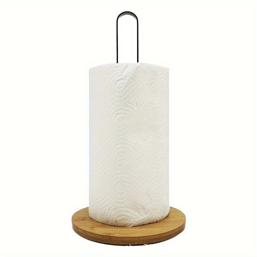 Porta rollos de papel de hierro metálico con base de bambú, organizador de cocina y baño independiente