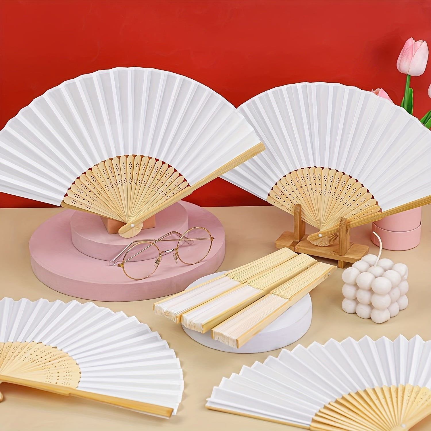 Set of 24 Handheld Paper Folding Fans with Bamboo Handles for Weddings Parties and Decor
