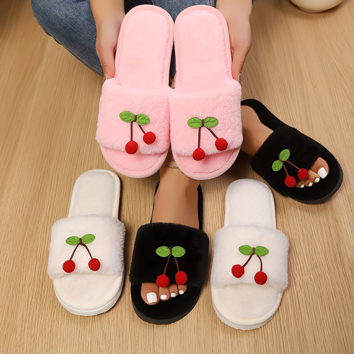 Women's Cherry Slip-On Indoor Slippers Soft Sole Lightweight Comfortable