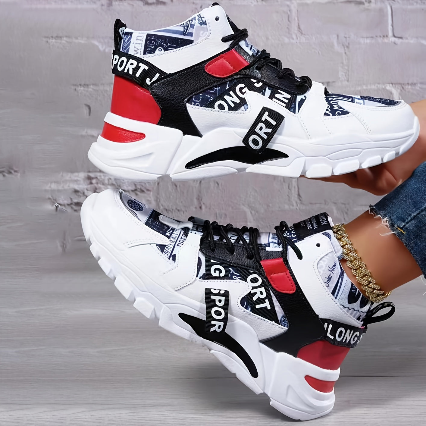 Zapatillas deportivas de caña media con patrón geométrico ligero para mujer
