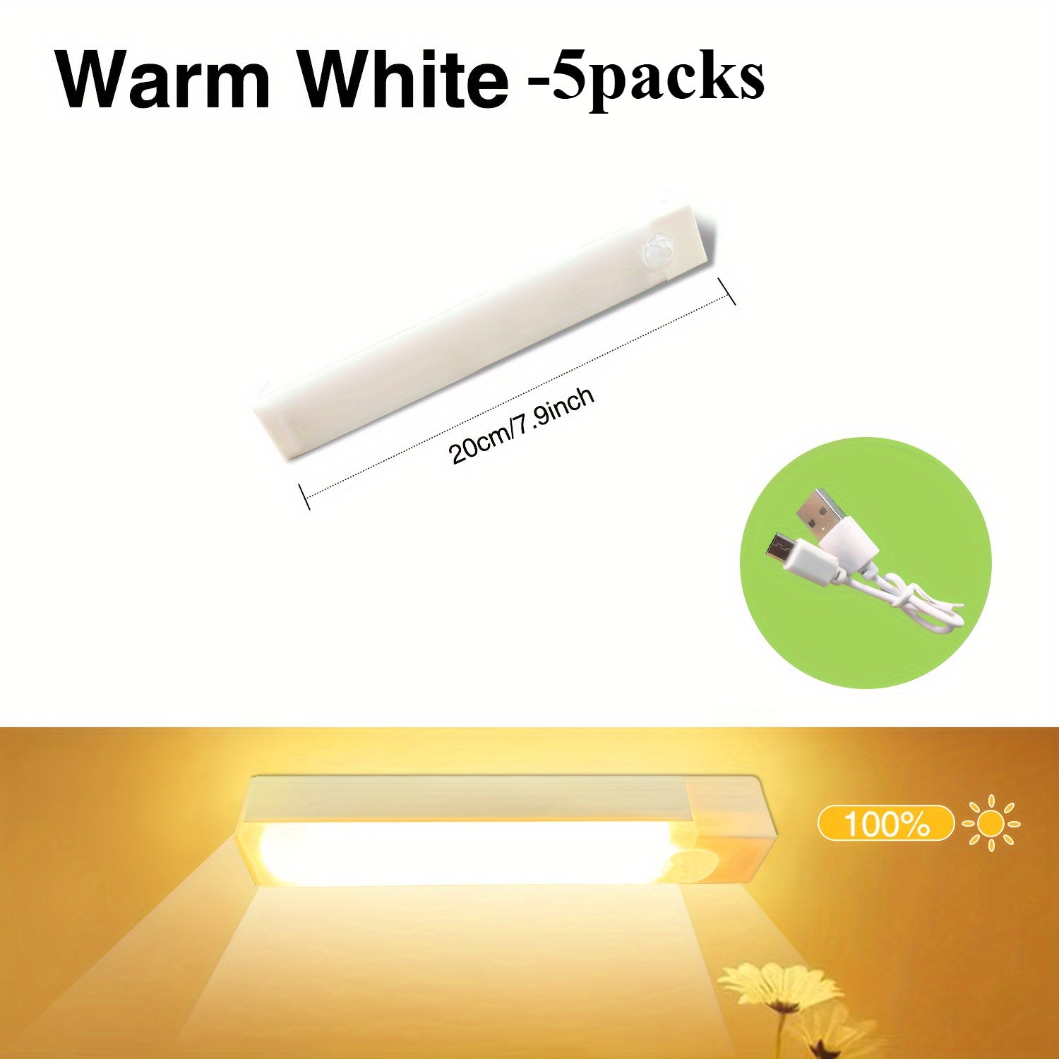 5 Pack LED Motion Sensor Lights with USB Rechargeable Batteries for Wireless Under Cabinet, Hallway, Kitchen, Stairs, Wardrobe