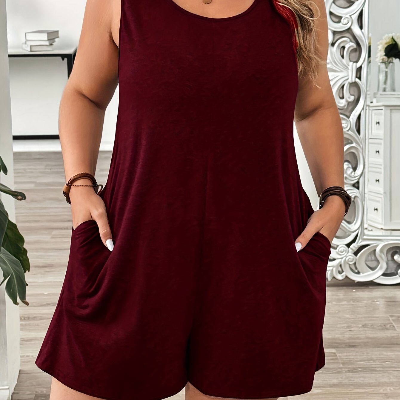 Plus Size Women's Green Sleeveless Jumpsuit with Pockets