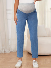 Maternity Jeans Washed Denim Straight Leg Loose Fit Solid Color All-Season