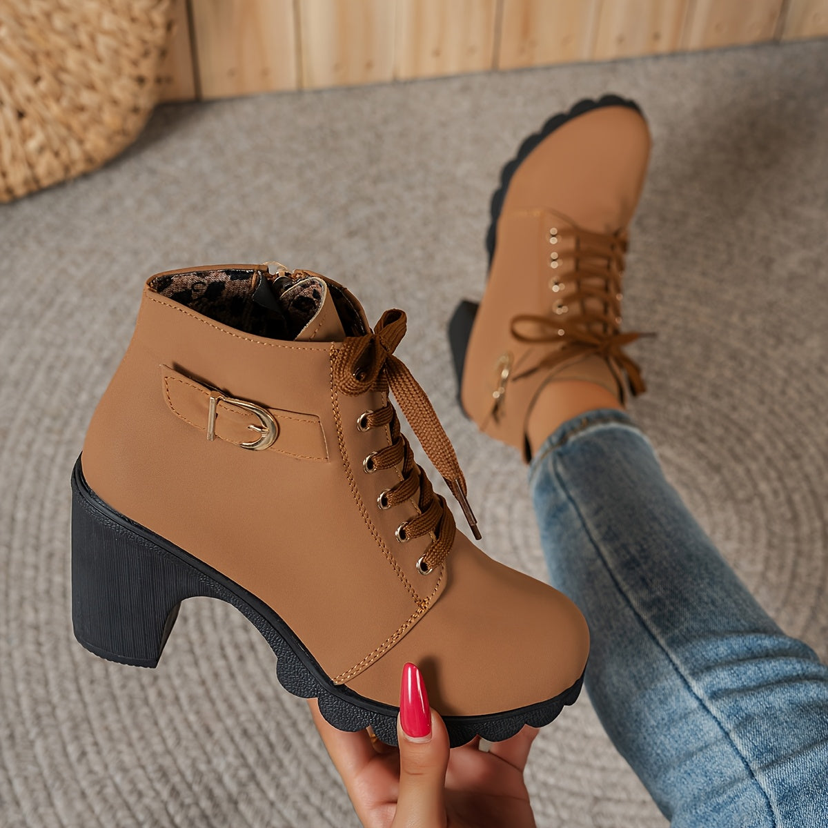 Women's Leather Ankle Boots with Side Zipper and Buckle for All Seasons