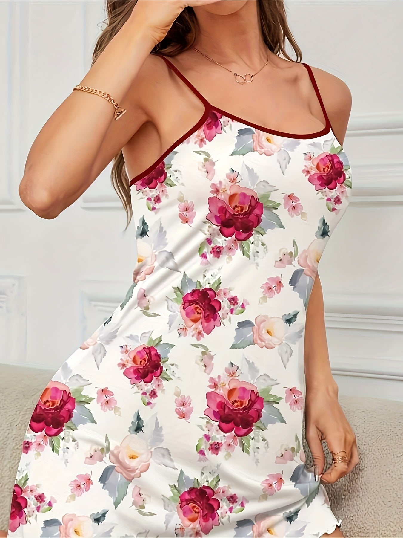 Floral Print Backless Nightgown for Women with Round Neck and Frill Trim