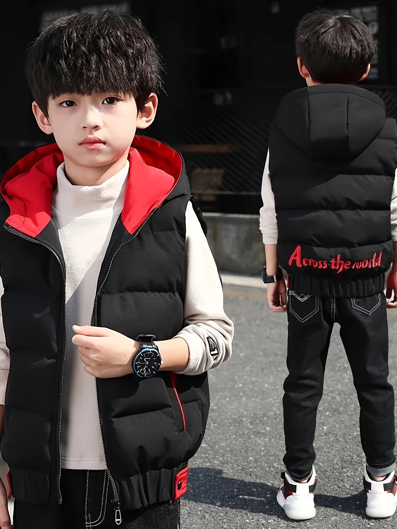 Boys Hooded Vest Fall Winter Thick Polyester Color Block Zip Up Sleeveless Casual
