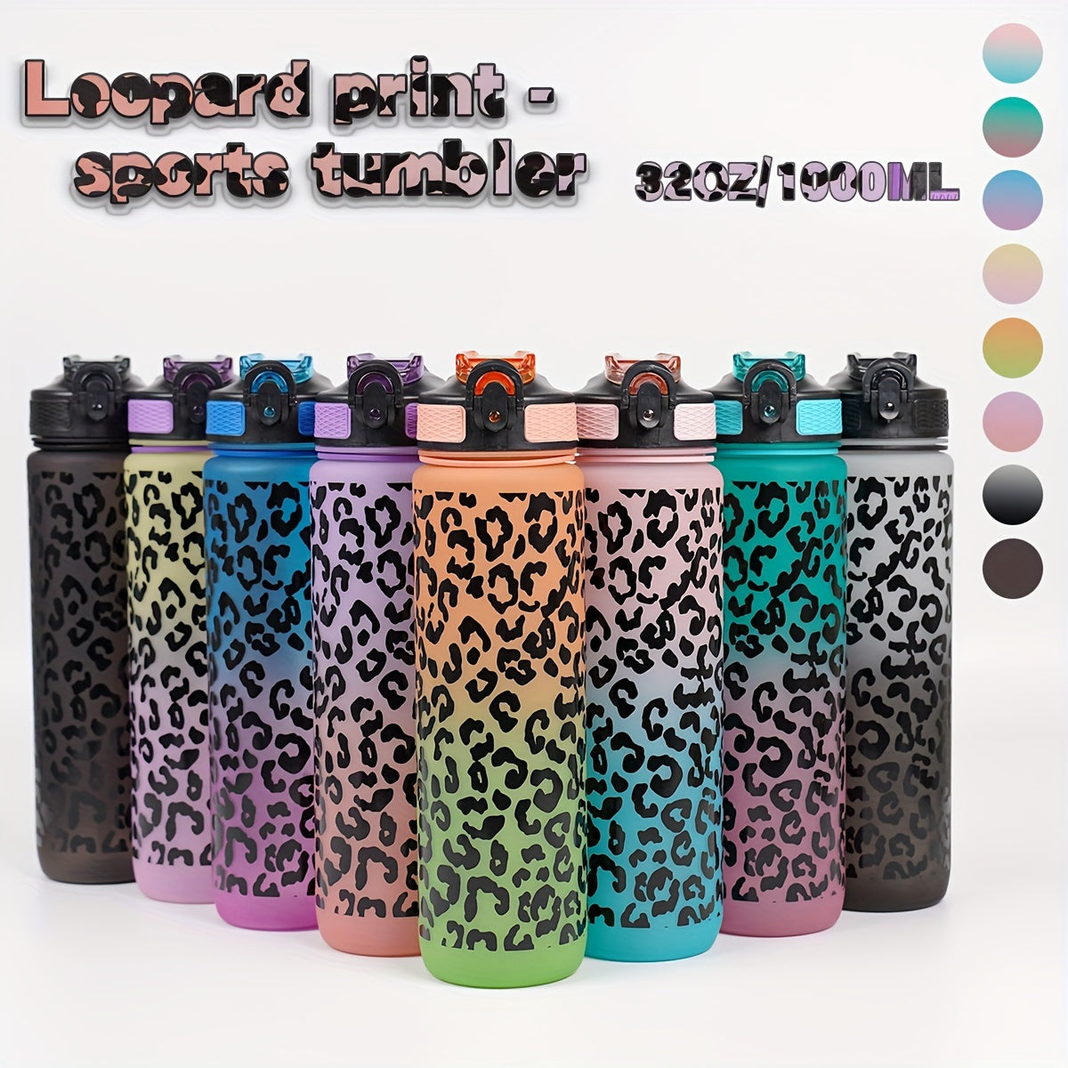 Botella de agua con estampado de leopardo de 32oz con pajita, libre de PVC, para correr, ciclismo y fitness