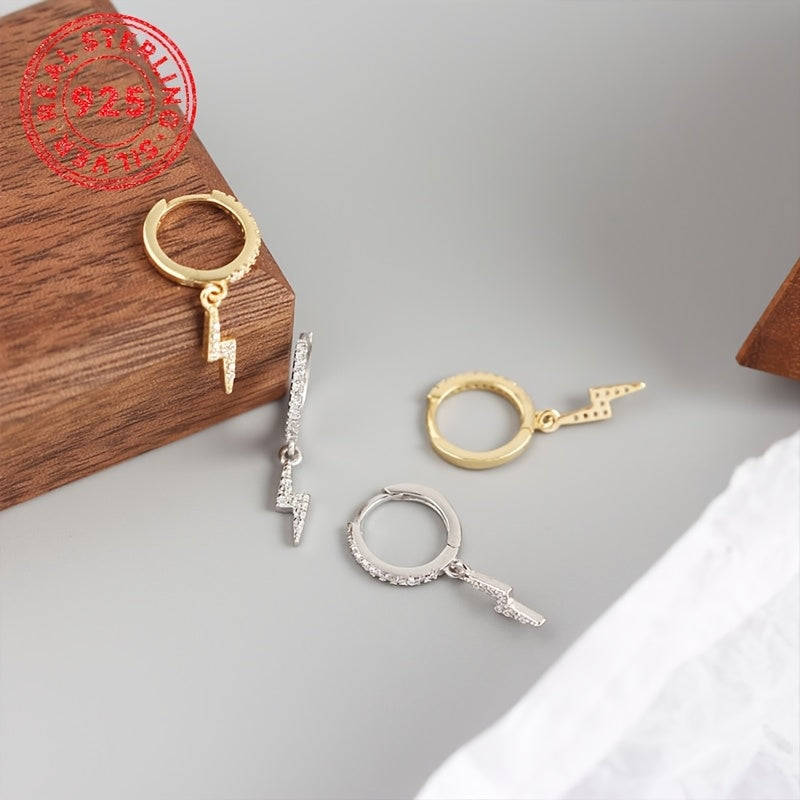 Sterling Silver Punk Earrings with Lightning Bolt Zirconia Pendants for Daily Wear