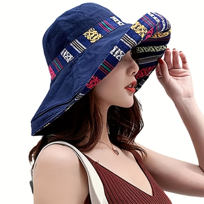 Women's Reversible Wide Brim Cotton Bucket Hat UV Protection Geometric Pattern Dark Blue