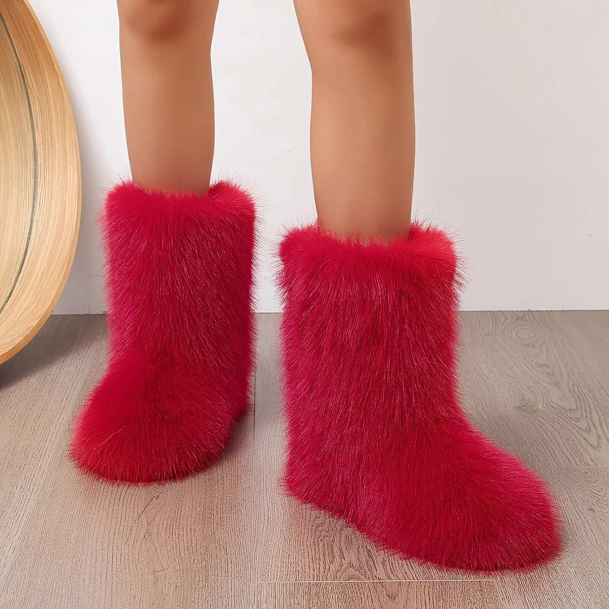 Women'S Winter High-Top Boots Faux Fur Mid-Calf Flat-Heeled Warm Shoes