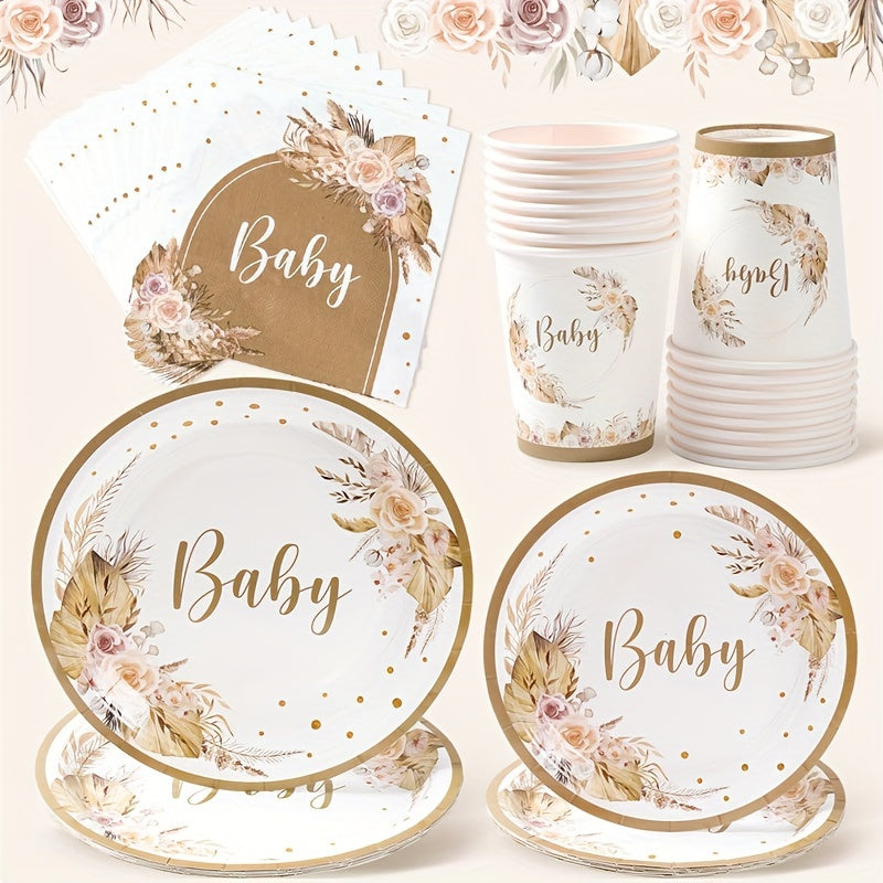 Boho Baby Shower Tableware Kit for 8 Floral Paper Plates Napkins Cups