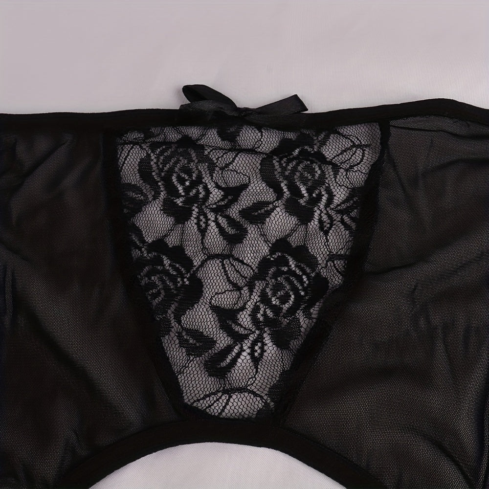 Women Lace Garter Belt Black Sheer Floral Adjustable Set