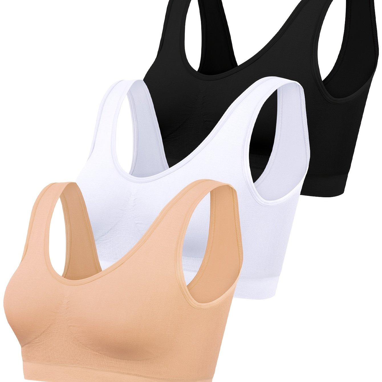 Women's Seamless Sports Bras 3-Pack Black White Beige Ribbed Nylon Tank Top Style No Padding
