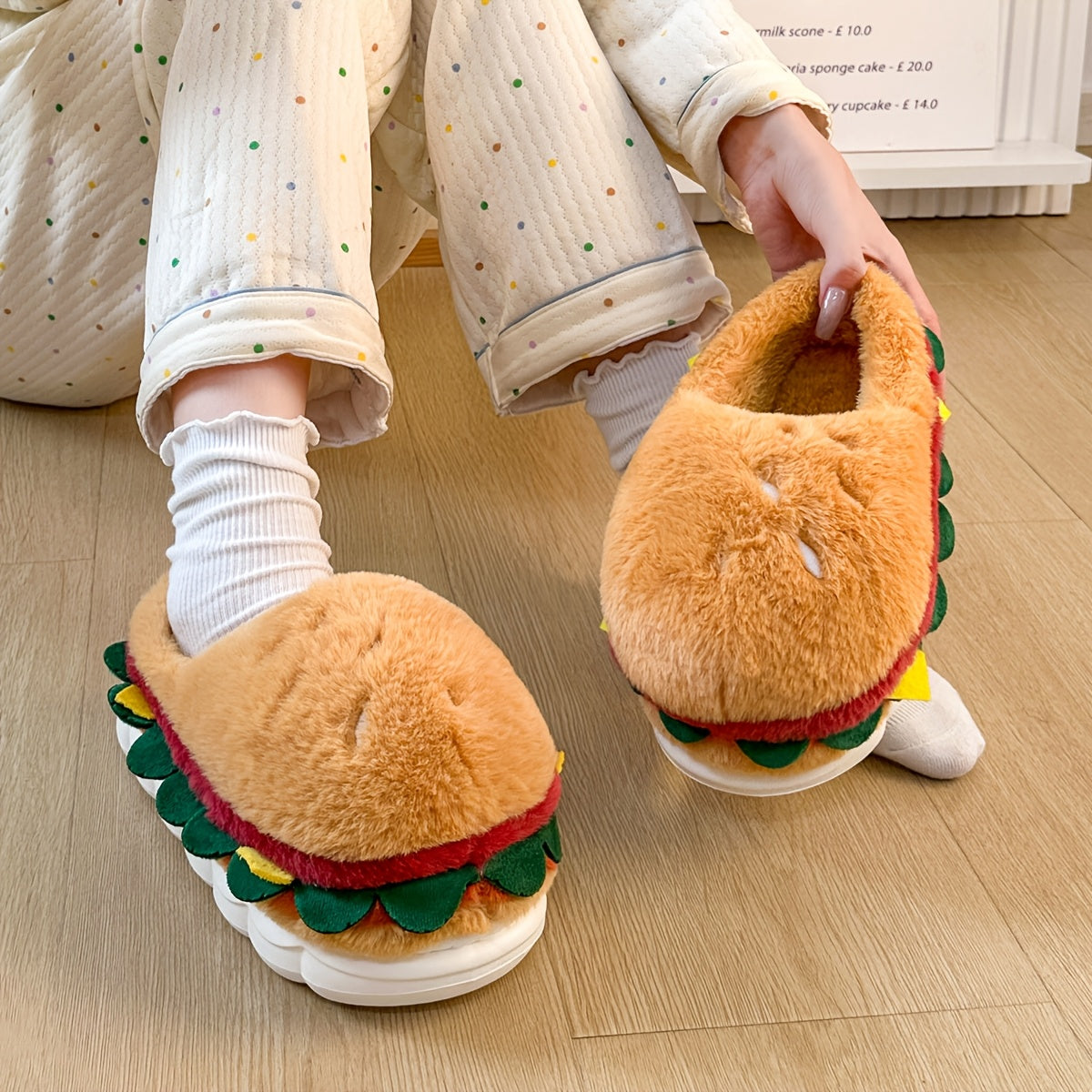 Unisex Plush Slippers Winter Warm Soft Fabric EVA Sole Playful Hamburger Design