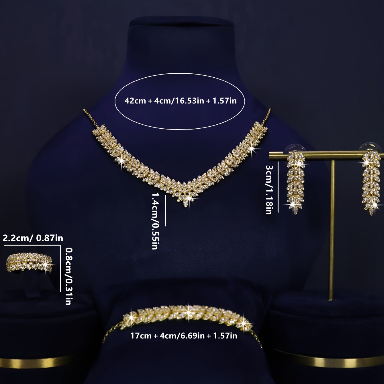 Gold Plated Jewelry Set for Women V-Shaped Necklace Earrings Bracelet Ring Zirconia Wedding