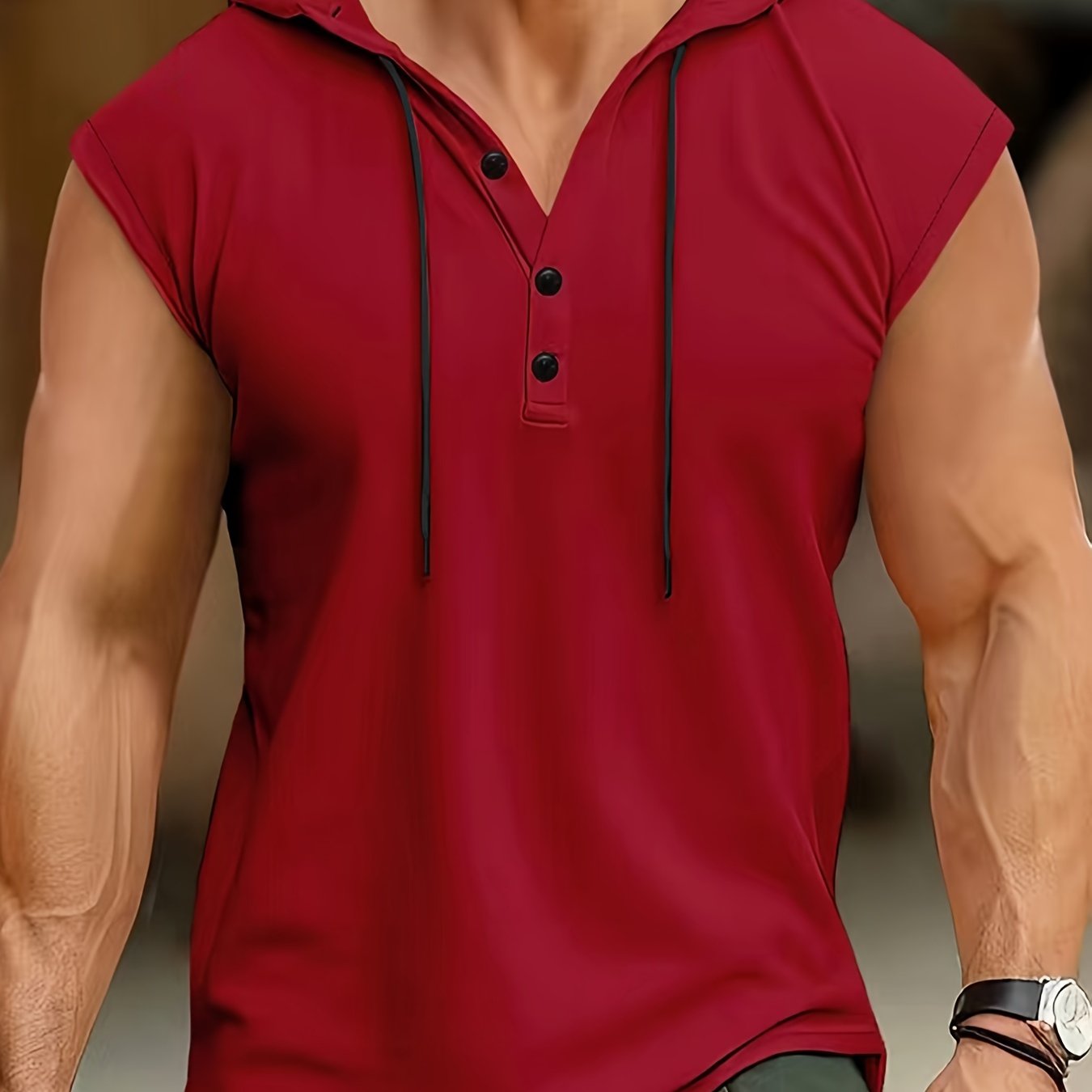 Men's Sleeveless Hooded Henley Shirt Polyester Summer Casual Sport Breathable Button-Detail