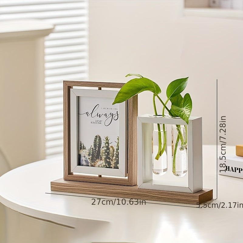 Hydroponic Plant Photo Frame with Glass Vase Wooden Desktop Decor for Living Room Study or TV Cabinet