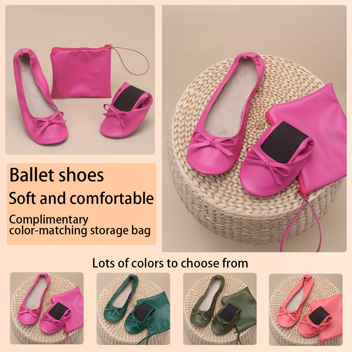 Zapatos de ballet para mujer suaves y cómodos, con diseño slip-on, plegables y con bolsa de almacenamiento