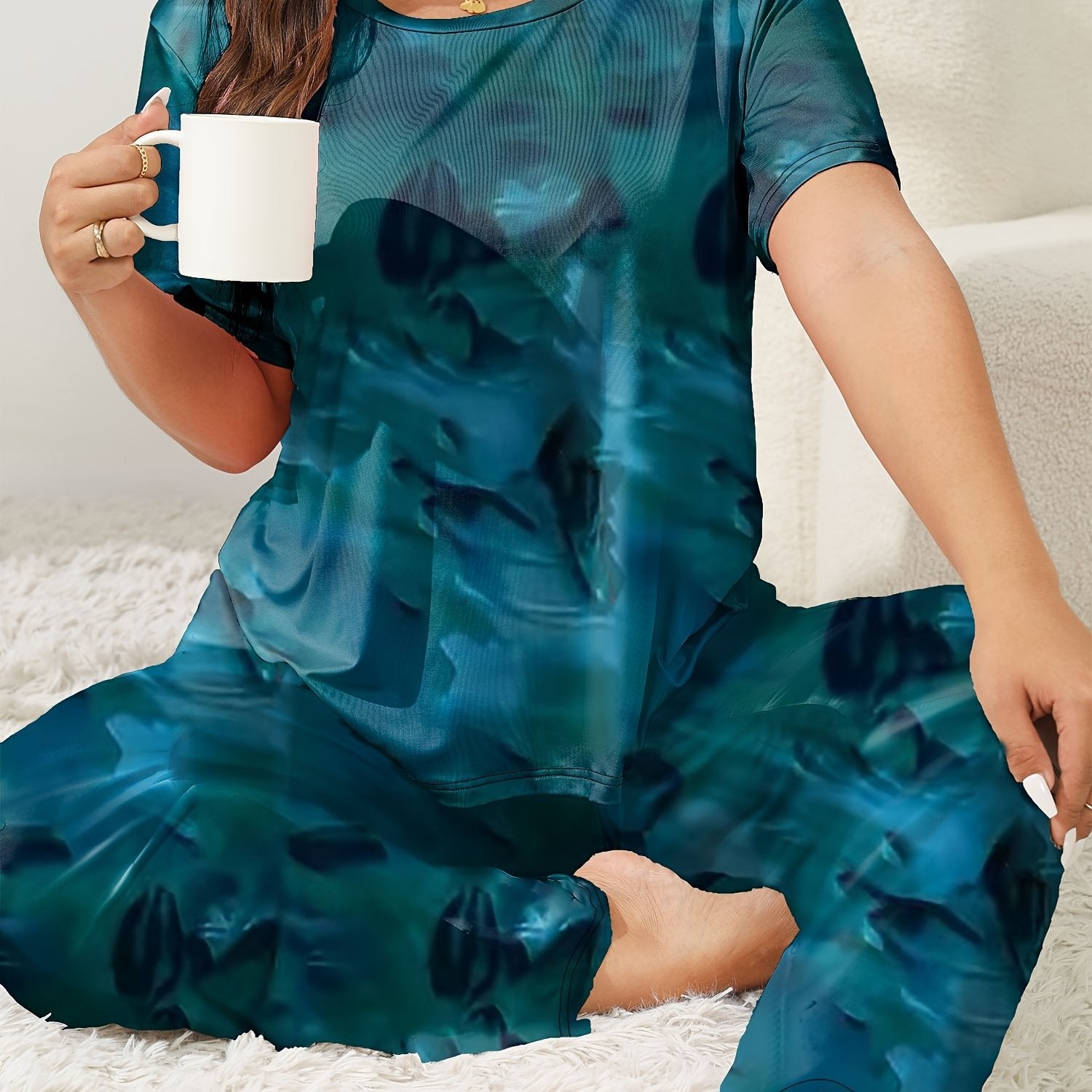 Plus Size Women's Pajama Set Polyester Knit All-Season Short Sleeve Top Long Pants Sleepwear