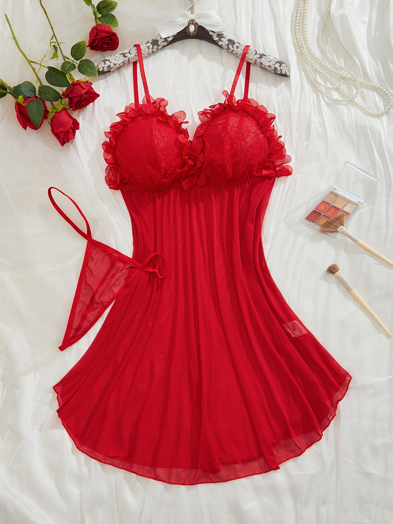 Red Lace and Chiffon Intimates Set with Floral Details for Adults
