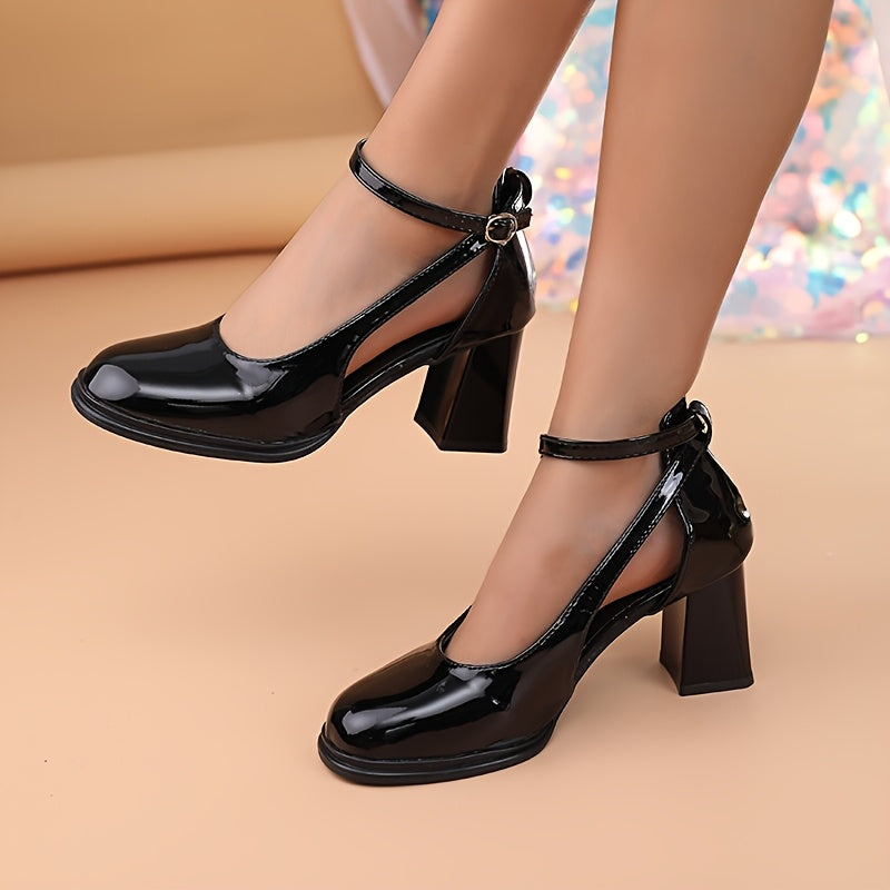 Women Chunky Heel High Heels Square Toe Low Top Shoes Shallow Mouth Rubber