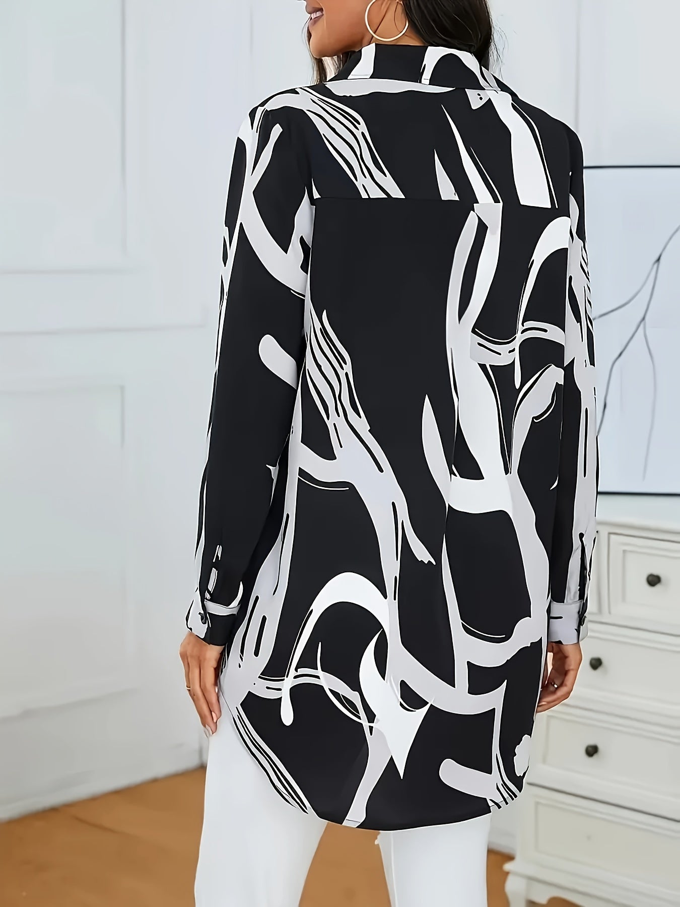 Camisa de manga larga para mujer talla plus ligera y transpirable con blusa de estampado geométrico