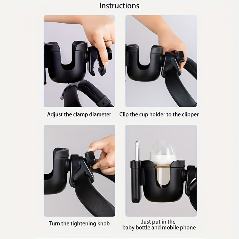 Universal Black 2-in-1 Stroller Cup and Phone Holder 360° Rotatable Multifunctional Storage Rack