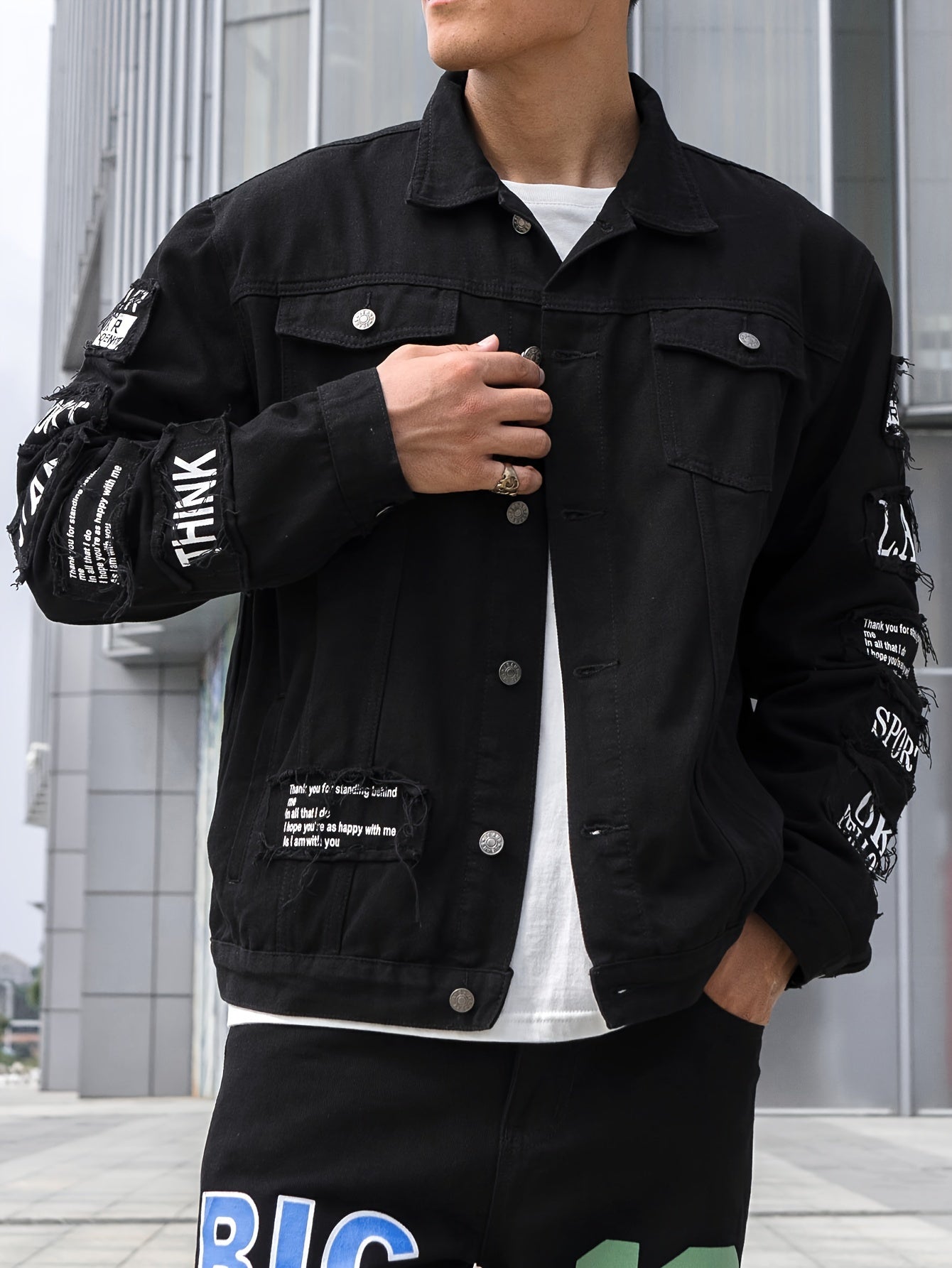 Мужская джинсовая куртка из хлопка с длинными рукавами, повседневный стиль, алфавитный узор, с карманом