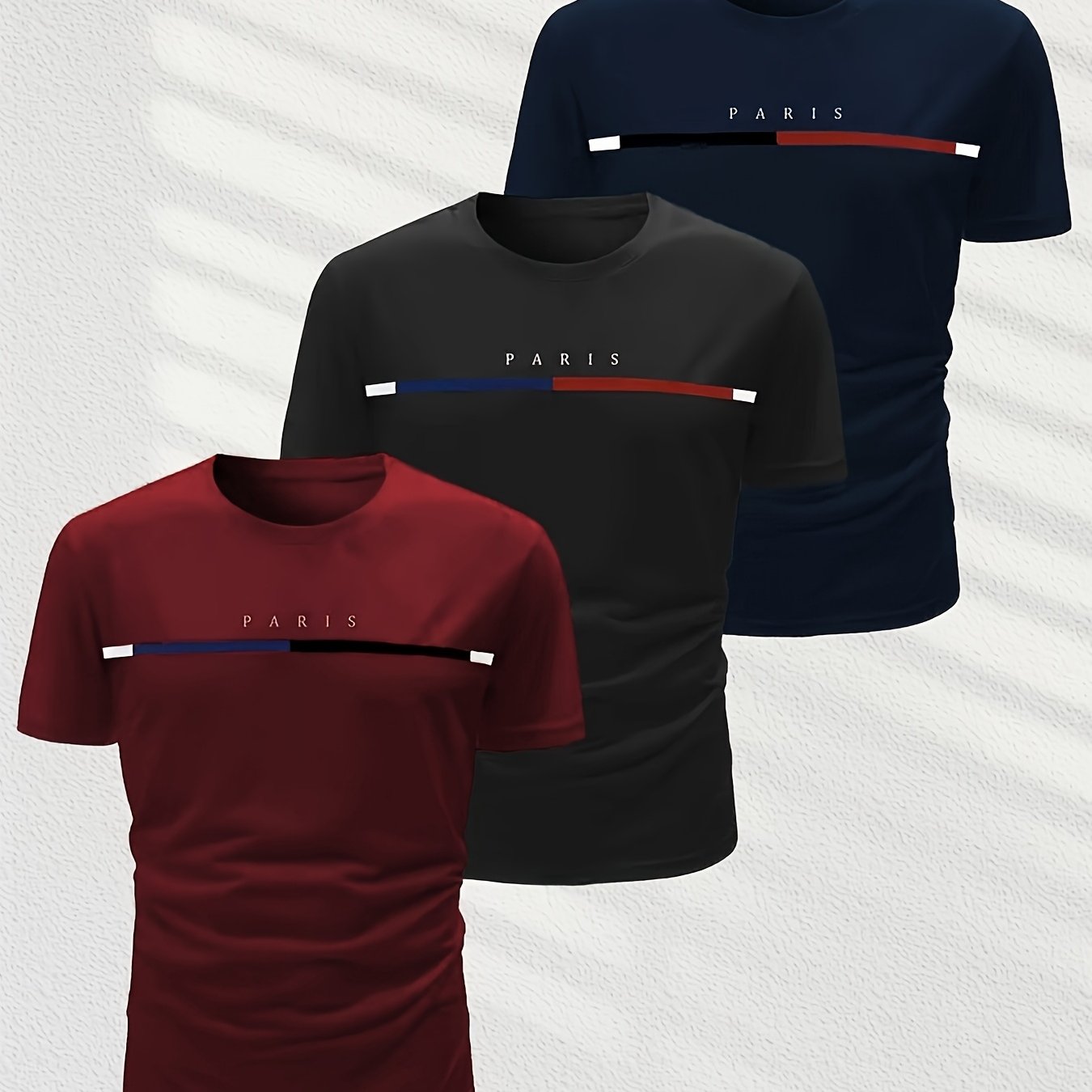 3-Pack Men's Crew Neck T-Shirts with Paris Print and Alphabet Pattern Polyester Knit Medium Stretch Regular Fit