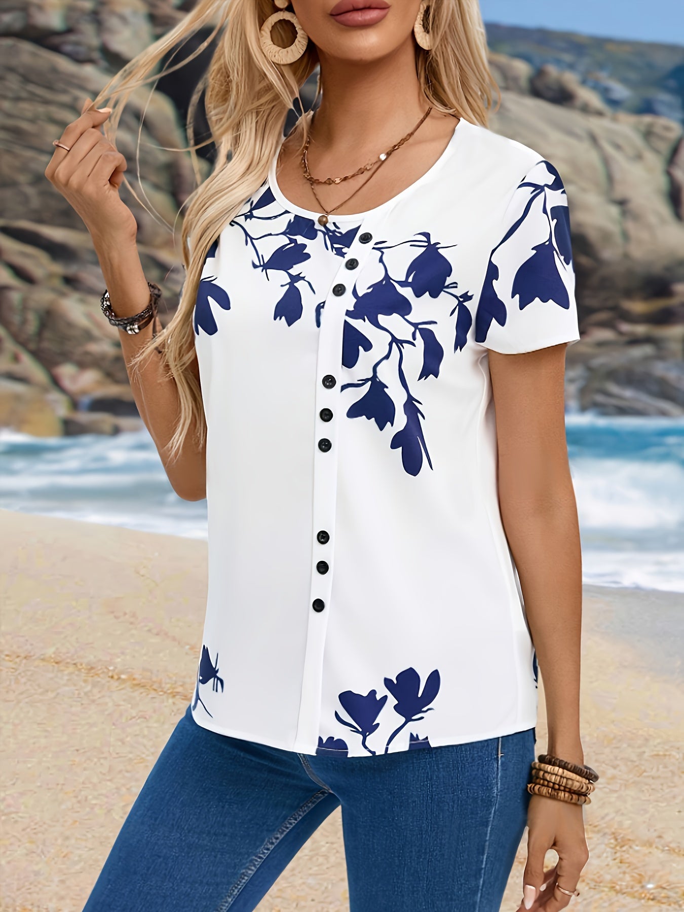 Women's Floral Print Blouse with Button Front, Summer Casual Peplum
