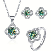Moissanite Jewelry Set 925 Sterling Silver Earrings Necklace Ring Flower Design Gift
