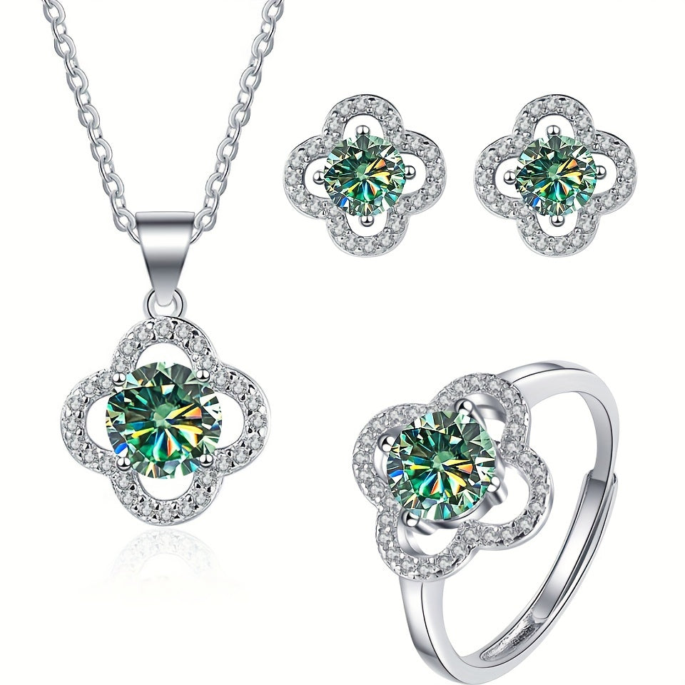 Moissanite Jewelry Set 925 Sterling Silver Earrings Necklace Ring Flower Design Gift