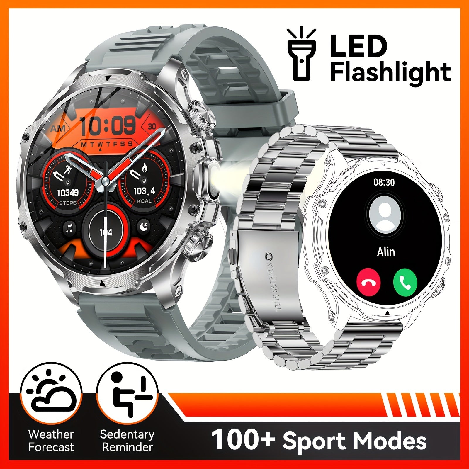 JELLOO 2024 Sport Aqlli Soat 800mAh batareya, 1.85" displey, simsiz qo'ng'iroqni javob berish, LED chiroq, USB zaryadlash, zanglamaydigan po'latdan yasalgan tasma, ko'p sport rejimlari, iPhone va Android uchun