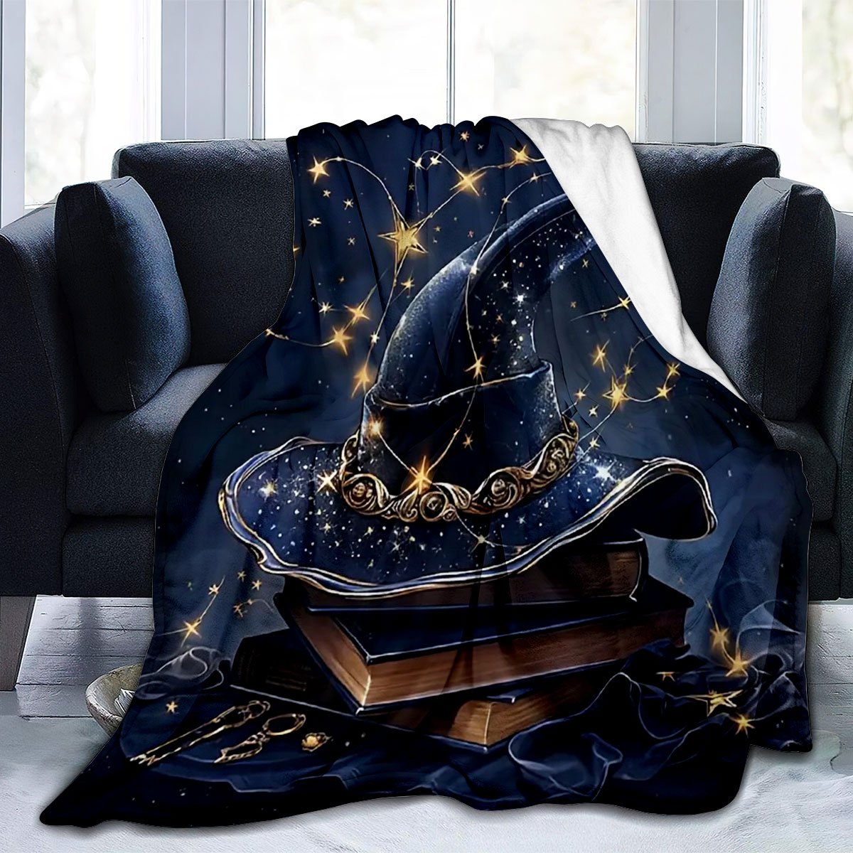 Halloween Large Book and Witch Hat Printed Flannel Fleece Throw Blanket